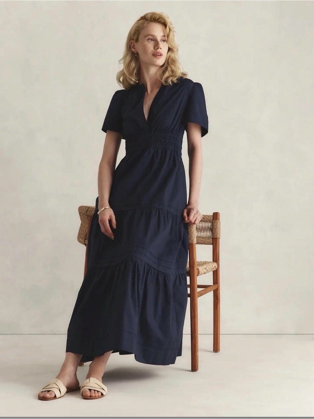 Quince Organic Cotton Poplin Tiered Maxi Dress Navy Size Large